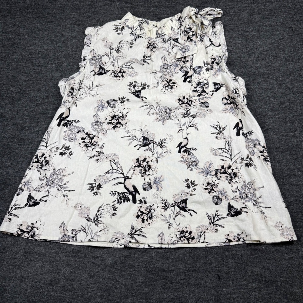 Who What Wear Women's Size L Floral Bird Print Mock Neck Tie Shoulder Blouse Top
